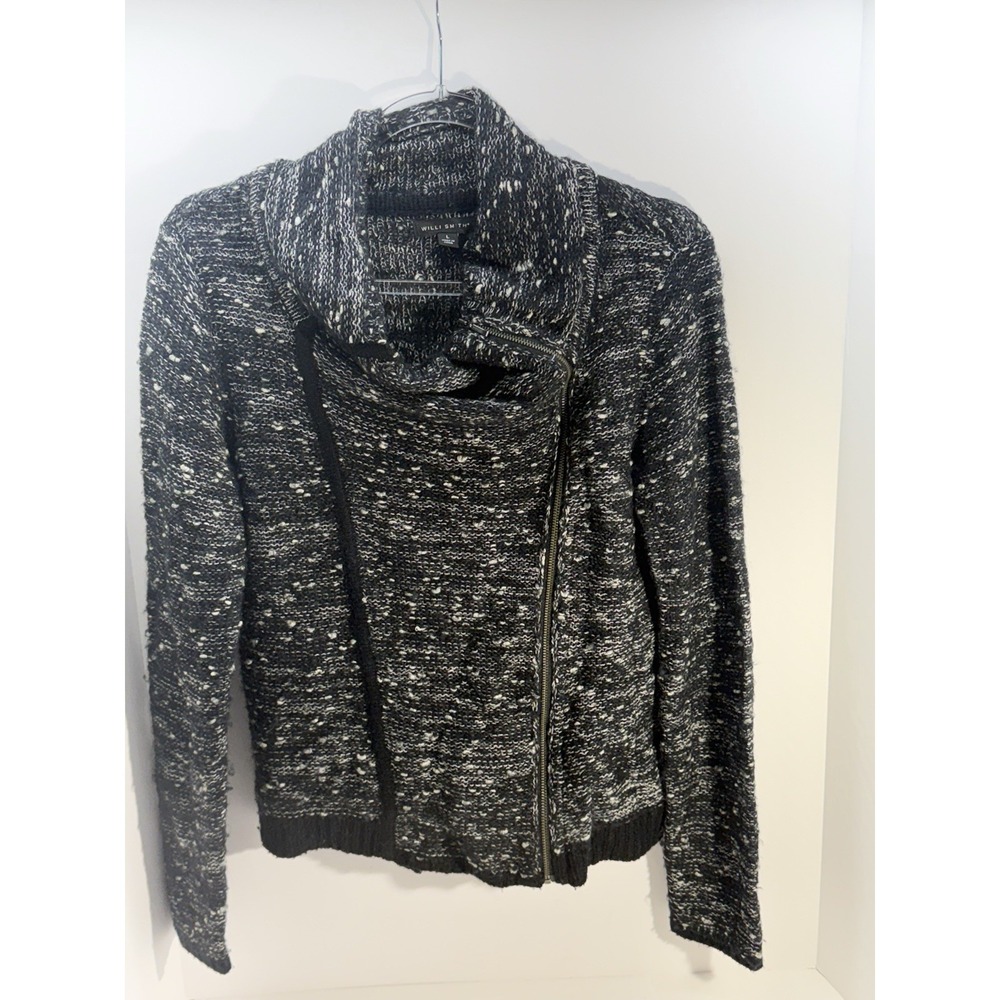 Will Smith Wool Blend Moto Sweater L Black White Zip‎